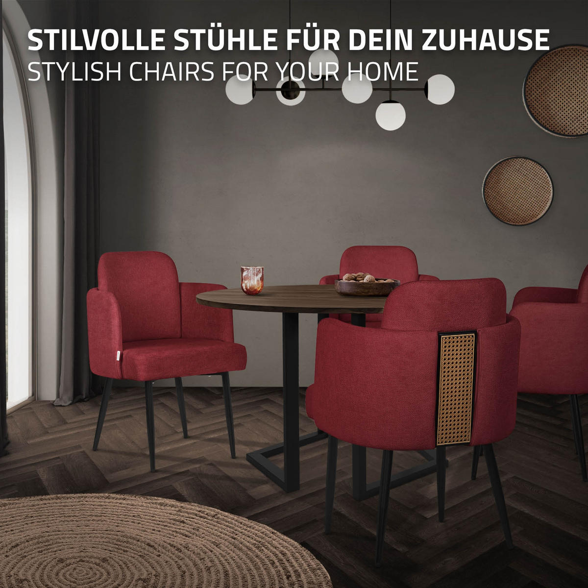ESSZIMMERSTÜHLE 4er Set Rot mit Stoffbezug Rattan Optik - Rot/Schwarz, Textil/Metall (59/86/59cm) - ML-DESIGN
