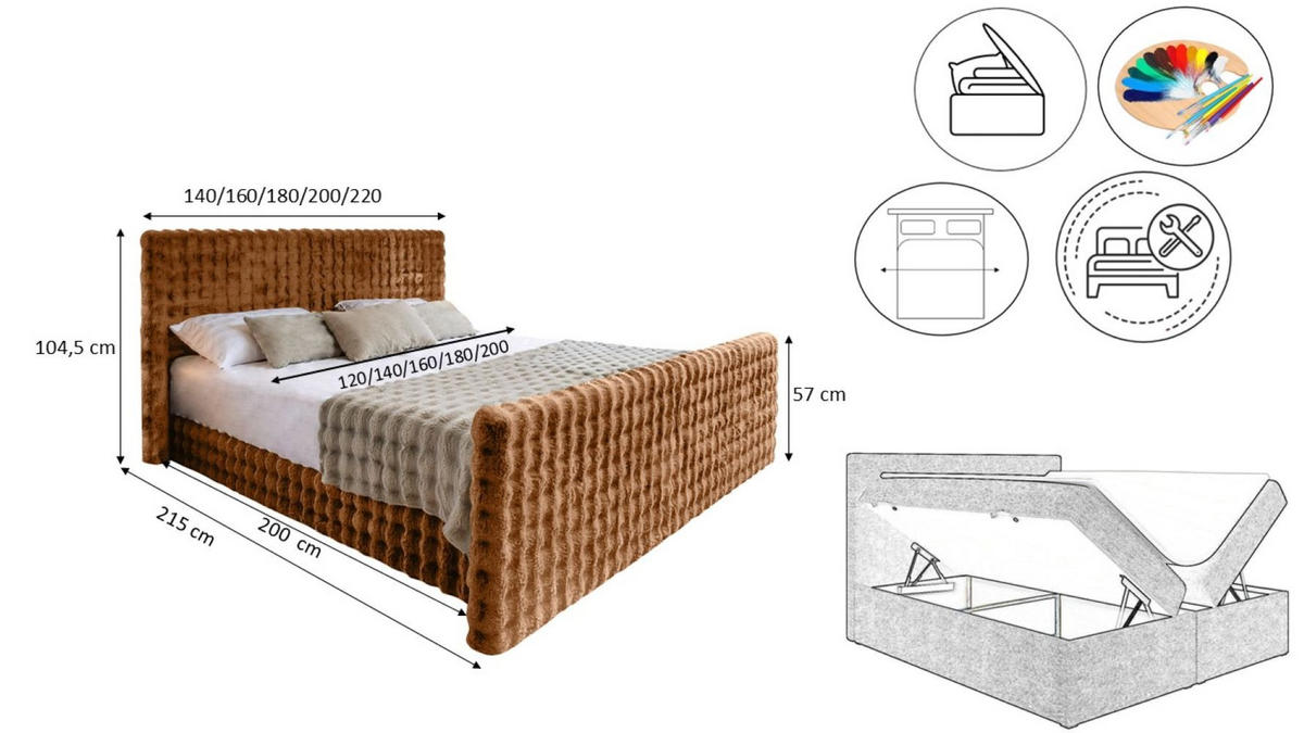 BOXBETT Mit Bettkasten, Matratze Und Topper BLANKET Stoff Bubble 180x200 cm Kupfer H2-Pocket - Kupferfarben, Holz/Textil (180/200cm) - Kaiser Möbel