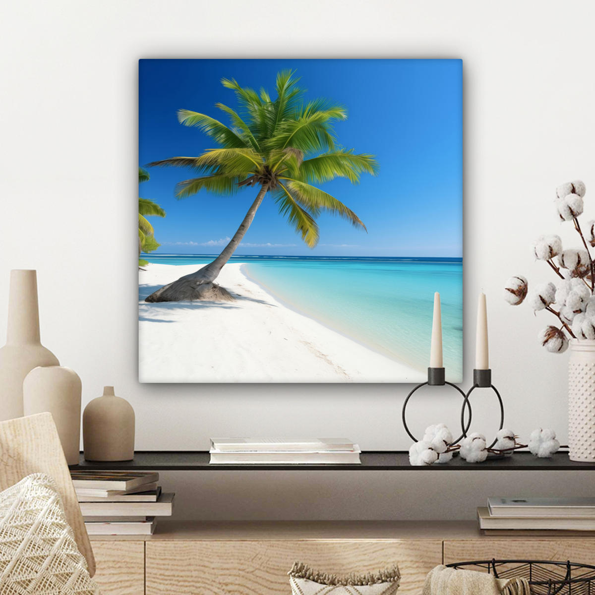 LEINWANDBILD Strand - Palme - Tropisch - Meer Wandbild Wohnzimmer 50x50 cm - Grün, Textil (50/50cm) - MuchoWow