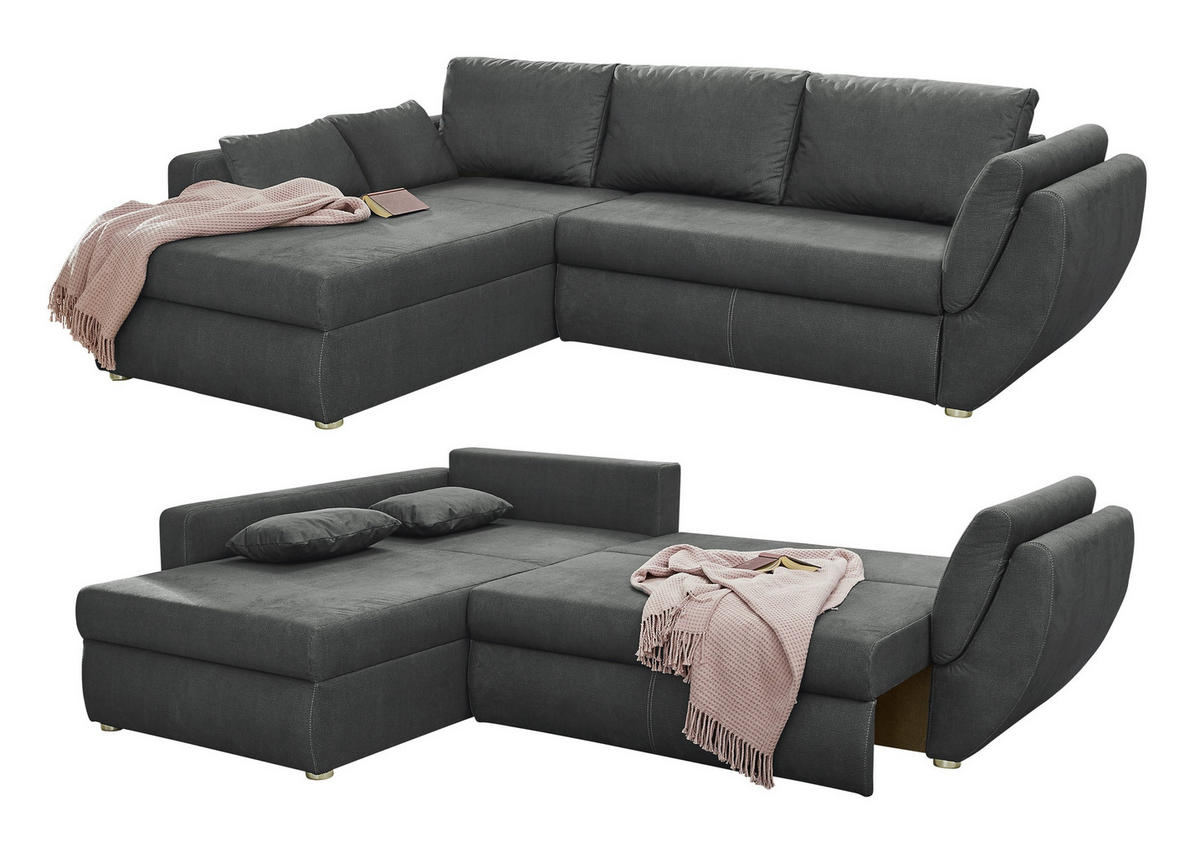 ECKSOFA mit Schlaffunktion und Bettkasten, seitenverkehrt montierbar B272/T200/H88 cm, Liegefläche 128x224 cm, Mikrofaser Dunkelgrau / 15228 - Chromfarben/Dunkelgrau, Kunststoff/Textil (272/200cm) - luma-home