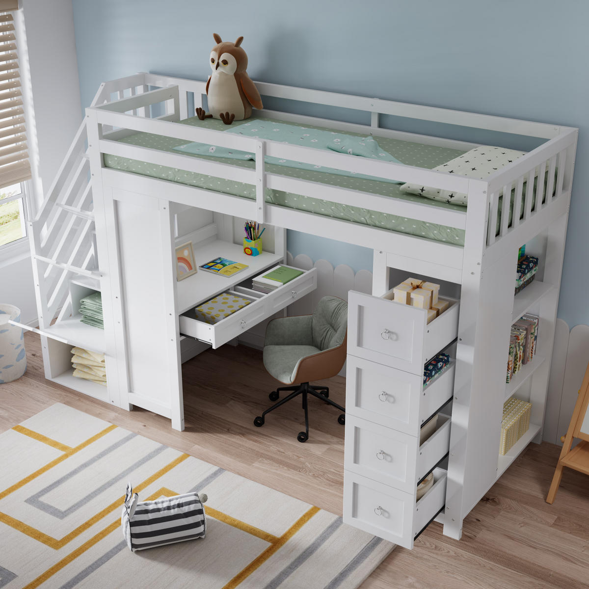 HOCHBETT 90/200 cm in Weiß mit Schubladen, Regal und Schreibtisch - Weiß, Holzwerkstoff (90/200cm) - STILVORA