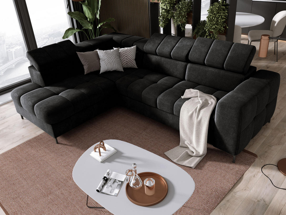 ECKSOFA PABLOS 279x201cm, Schlaffunktion, Stauraum, schwarz, rechts - Dunkelgrau, Holz/Textil (201/279cm) - DomoHome