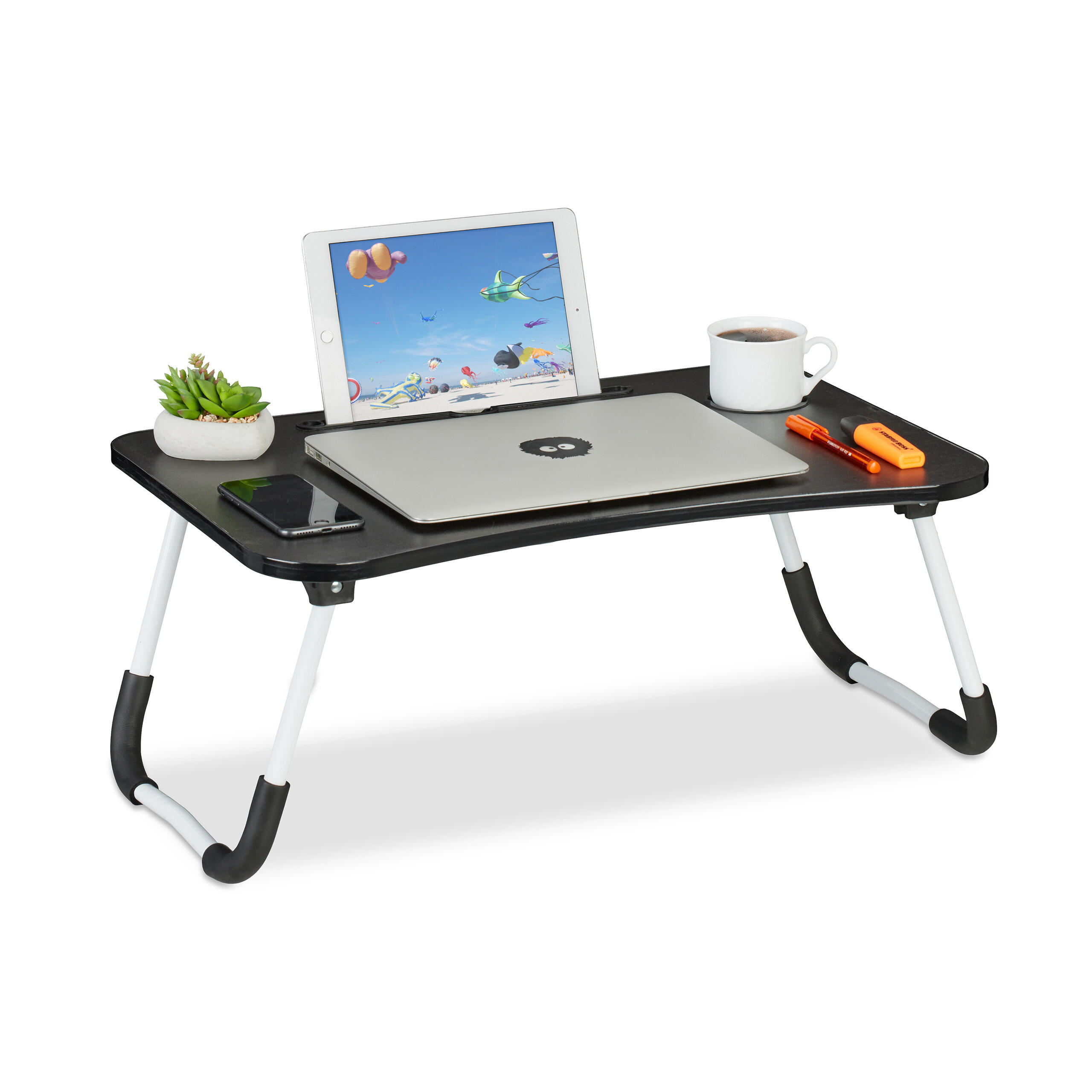 LAPTOPTISCH Schwarz Weiß klappbar mit Tablethalter 63x40 cm - Multicolor, Holzwerkstoff/Kunststoff (40/63/26cm) - Relaxdays