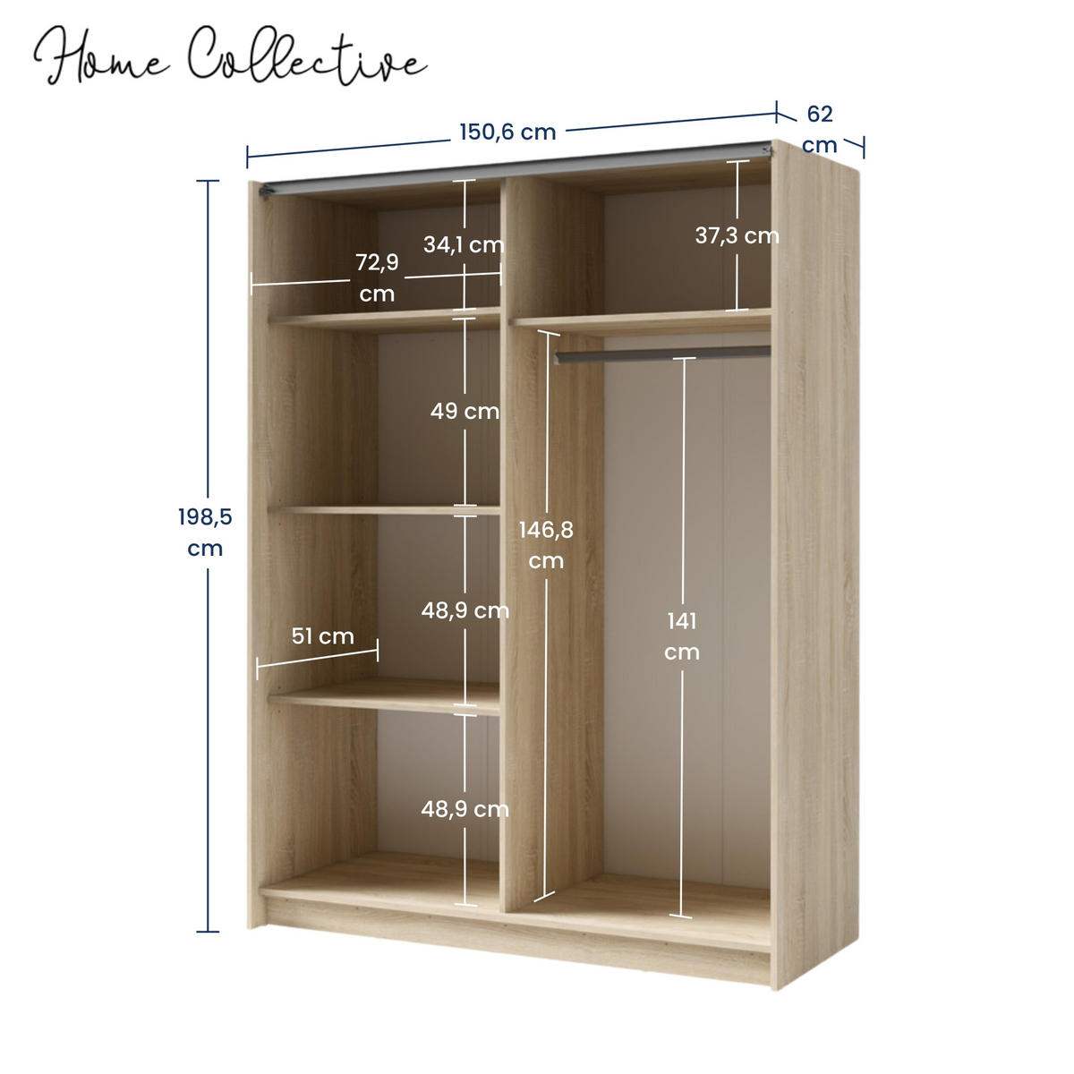 SCHWEBETÜRENSCHRANK 2-Türen 150 cm in Sonoma - Sonoma Eiche, Holzwerkstoff (62/198.5/150.6cm) - Home Collective