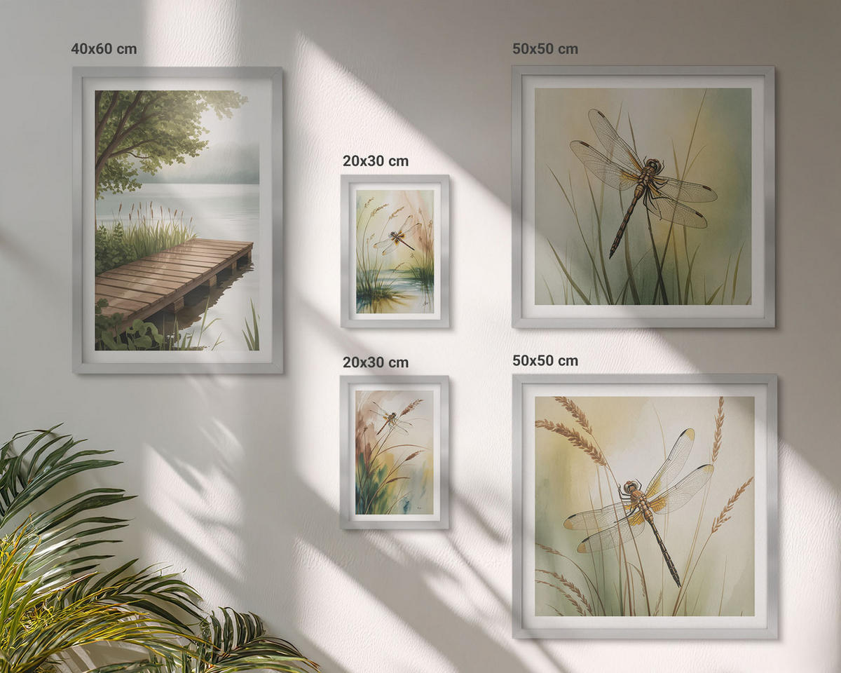 WANDBILDER 5er Set - 50x50 cm & 20x30 cm & 40x60 cm Silberner Rahmen - Libellengräser über dem Wasser - Silberfarben, Kunststoff (40/60cm) - ArtPrintCave