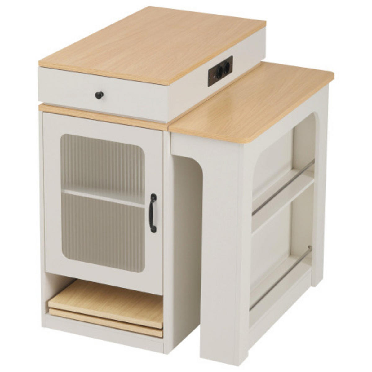 SIDEBOARD mit Riffelglastüren & integrierter Steckdosenstation weiß 80×71-151×92 cm aus MDF und Glas - Weiß, Holzwerkstoff (151/92/80cm) - Luhomfu