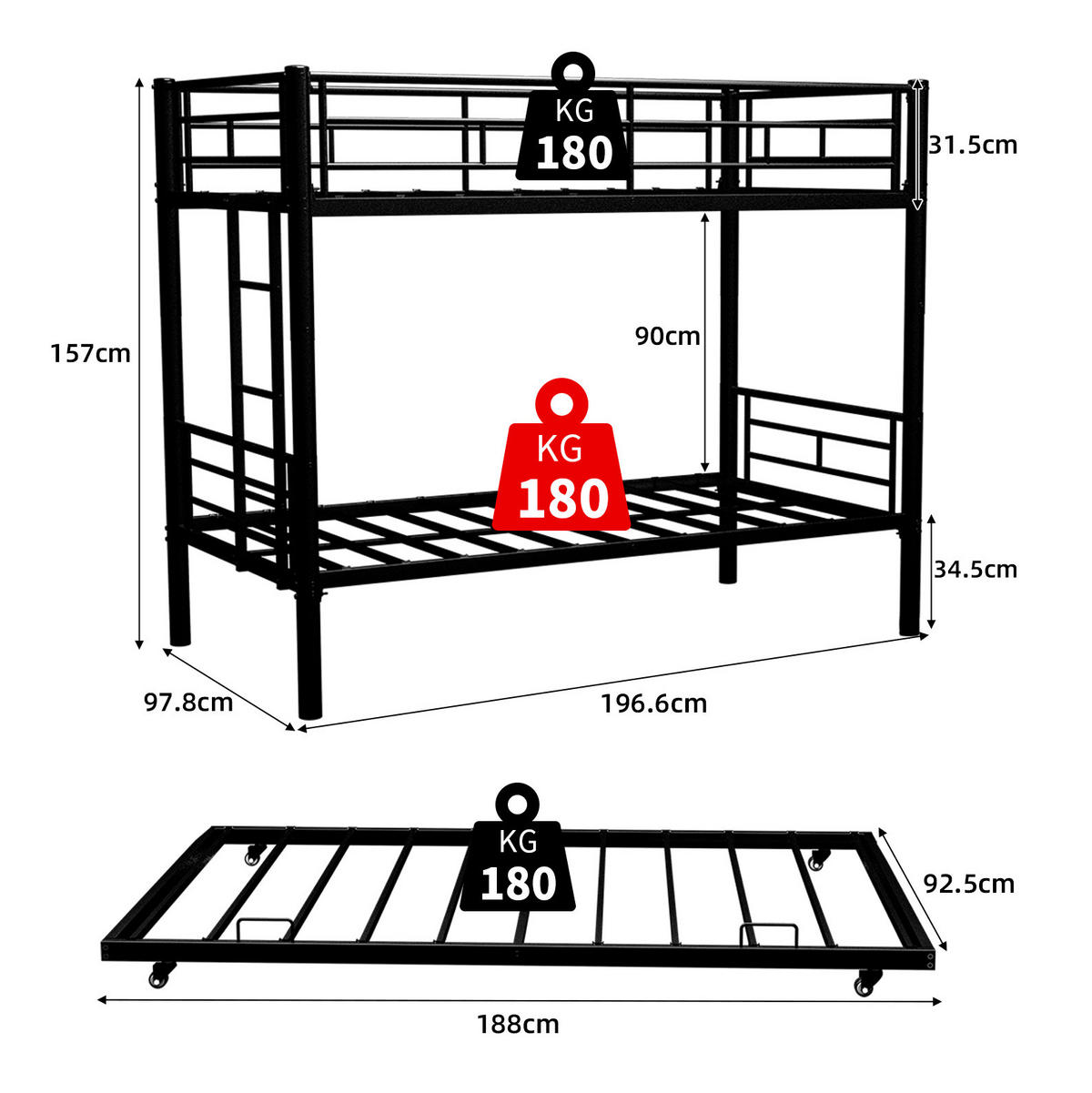 ETAGENBETT 90/180 cm schwarz aus Eisen teilbar mit Leiter - Schwarz, Metall (90/200cm) - OKWISH