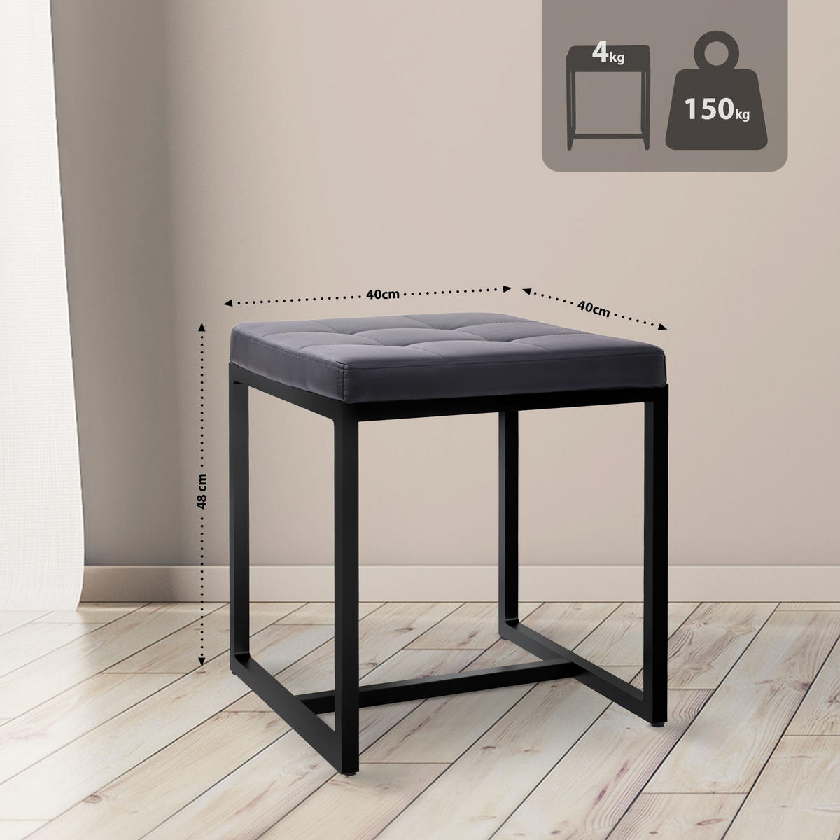 SITZWÜRFEL eckig 40/40/48 cm Lederlook schwarz - Schwarz, Textil/Metall (40/48/40cm) - CLP