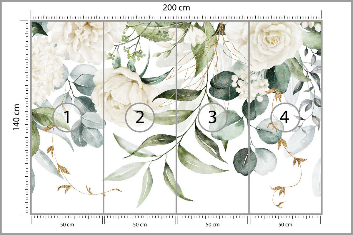 FOTOTAPETE für Schlafzimmer Aquarell Weiße Blumen Pfingstrosen Blätter Natur 200x140 - Creme/Weiß, Papier (200/140cm) - Muralo