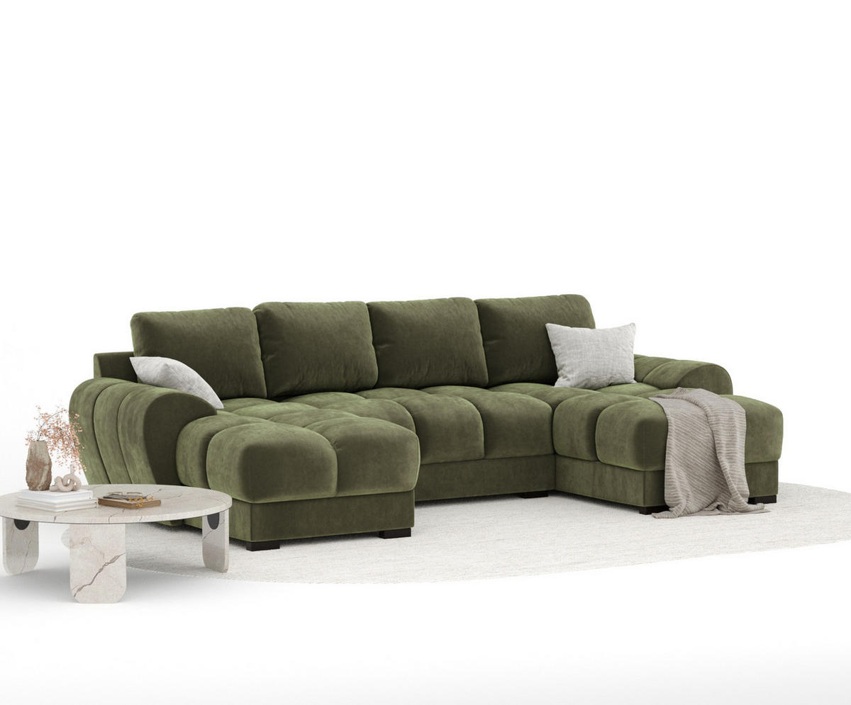 WOHNLANDSCHAFT Peebles Olivenfarbe Samtstoff - Schwarz/Olivgrün, Holz/Holzwerkstoff (330/90/175cm) - Maison de Reve