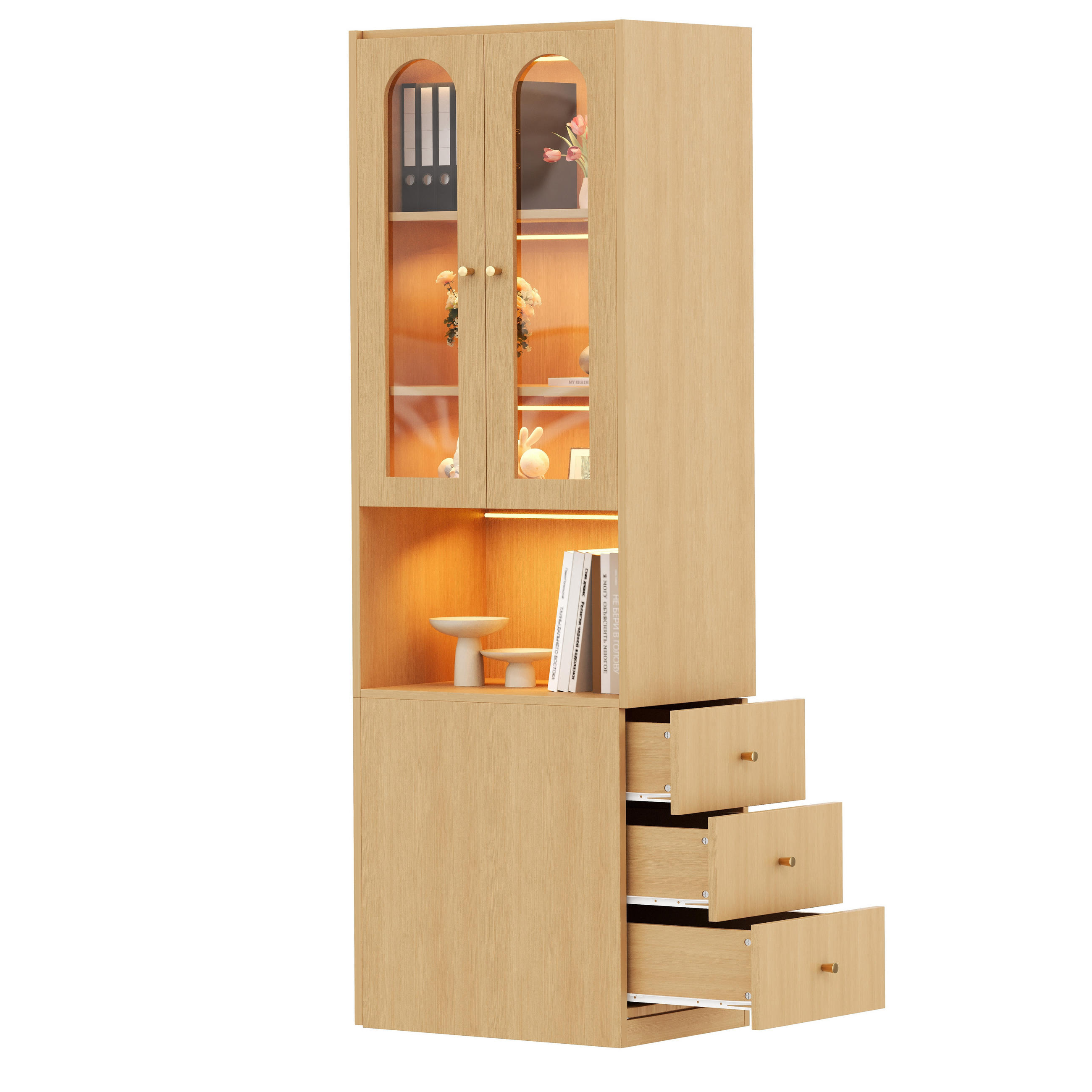 VITRINE in Eichefarben Hochschrank ,mit seitlichen Schubladen, LED-Vitrine aus gehärtetem Glas , B60/T40/H200cm - Eichefarben, Glas/Holzwerkstoff (60/200/40cm) - STILVORA