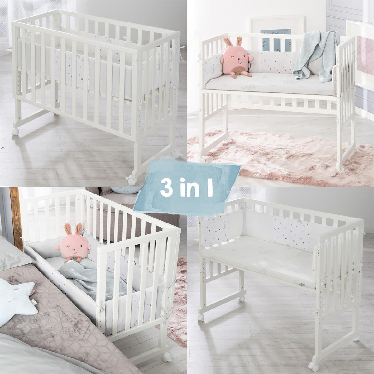 BEISTELLBETT Sternenzauber grau 3in1 Set 90 x 45 cm - Hellgrau/Weiß, Holzwerkstoff (45/90cm) - Roba