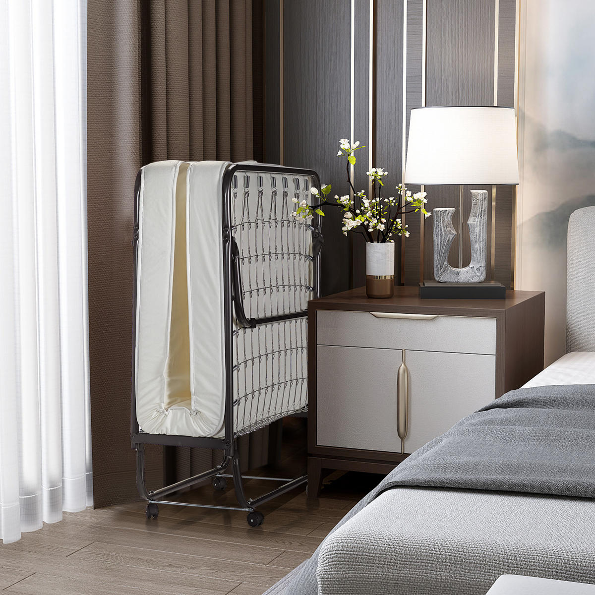 GASTEBETT mit Matratze Beige - Schwarz, Metall - COSTWAY