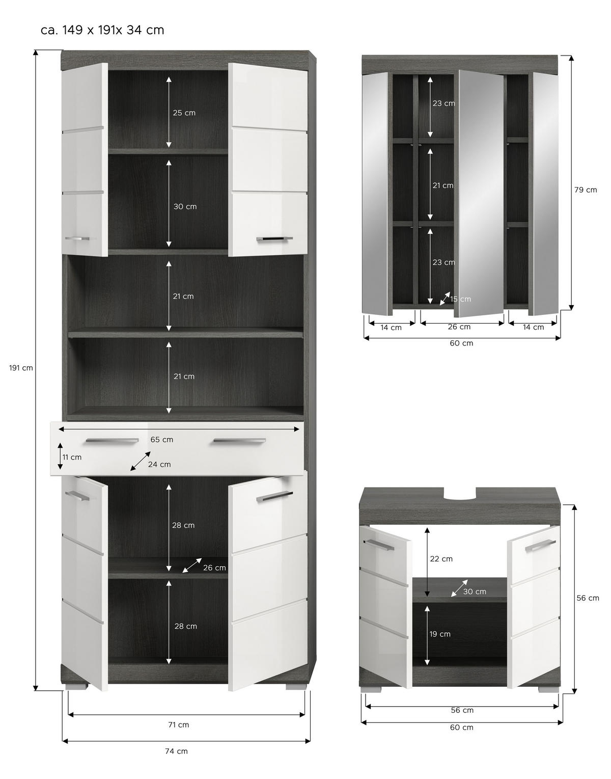 BADKOMBINATION 3tlg. Scout Bad in Rauchsilber Nachbildung und weiß hochglanz B/H/T: 149x191x34 cm - Anthrazit, Holz (149/191/34cm)