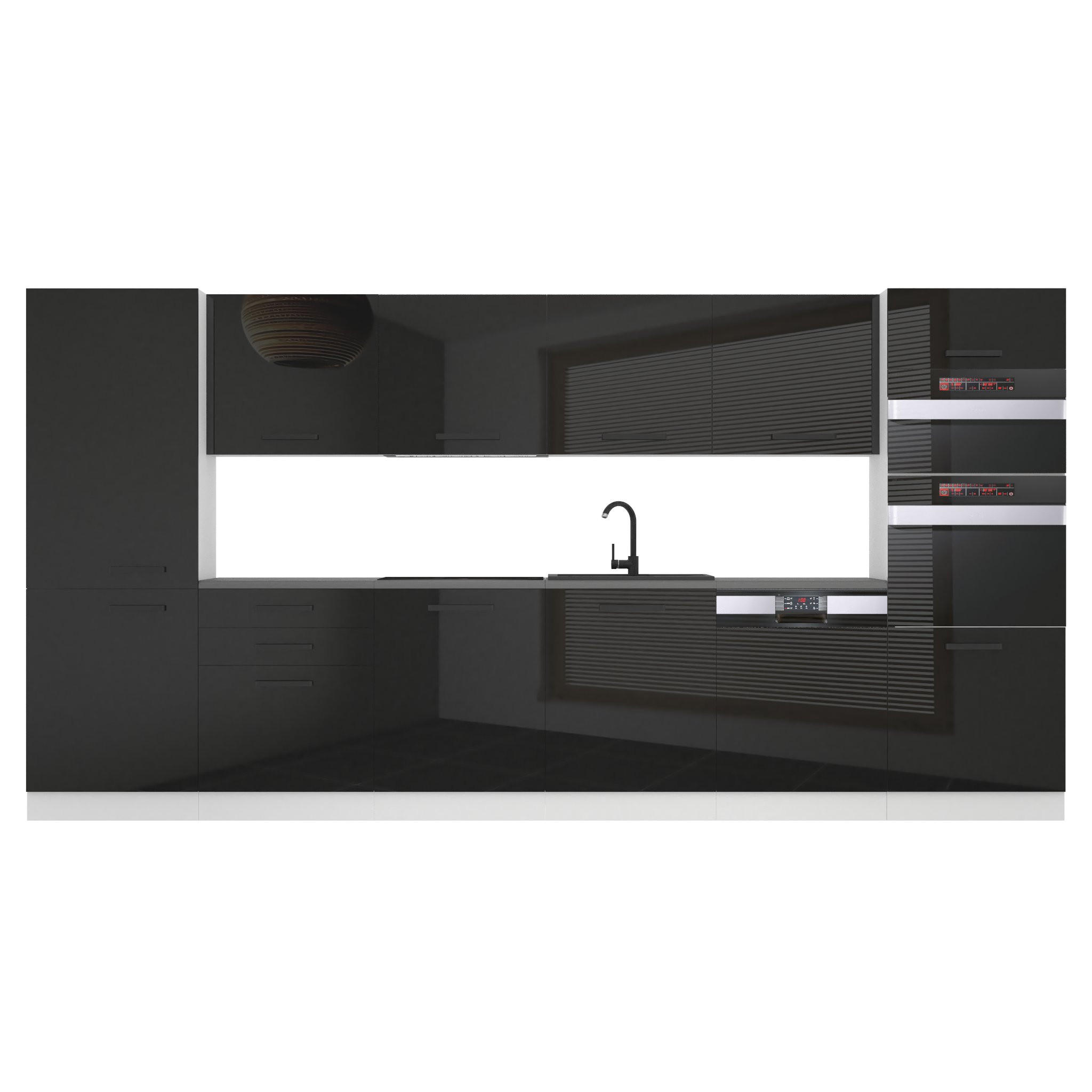 KÜCHENZEILE Naomi 360 cm, mit Arbeitsplatten, Schwarz Hochglanz - Schwarz Hochglanz, Holz (360/204/60cm) - B BELINI GROUP