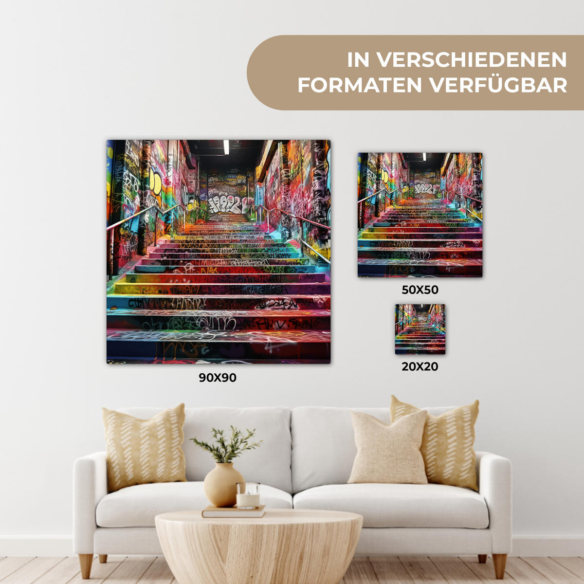 LEINWANDBILD Treppe - Graffiti - Farben - Kunst 20x20 cm - Multicolor, Textil (20/20cm) - MuchoWow