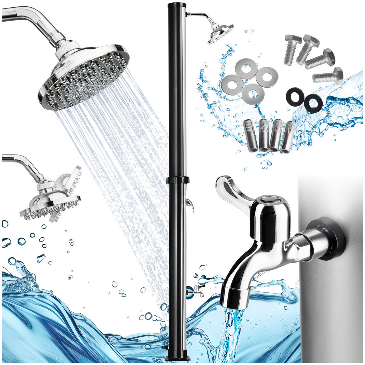 SOLARDUSCHE Tinto,inklusive Wasserhahn,schwarz/silber - Silberfarben/Schwarz, Kunststoff (15.5/221/42.5cm) - tectake