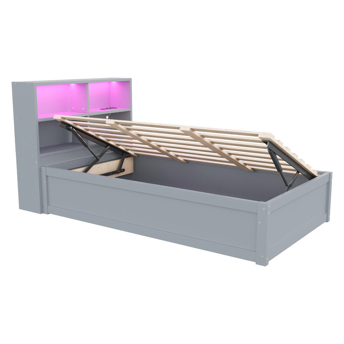 BETT 90/200 cm mit Multifunktionssteckdose, LED-Beleuchtung & Stauraum Grau - Grau, Holz (90/200cm) - OKWISH