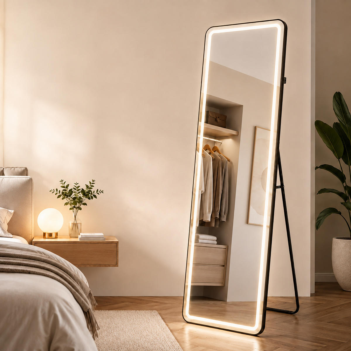 OGLEDALO Crno pravokutno LED rasvjeta 160x50 cm - crna, staklo/drvni materijal (50/160/4.5cm) - Relaxdays