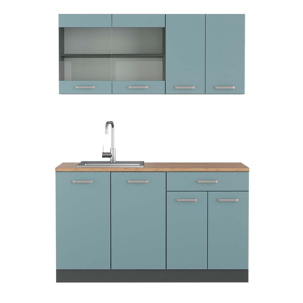 KÜCHENZEILE R-Line Blau-Grau/Anthrazit 140 cm, AP Eiche - Anthrazit/Blaugrau, Holzwerkstoff (140/81.6/60cm) - Vicco