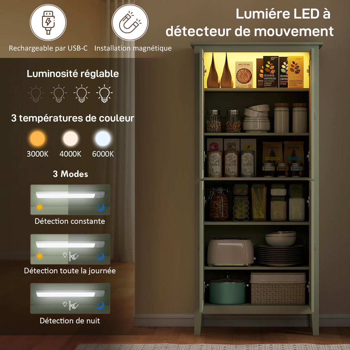 HIGHBOARD DE-11186 Höhenwandschrank mit LED & Bewegungssensor Grün - Grün, Holzwerkstoff (40/176.5/80cm) - ComfortXL