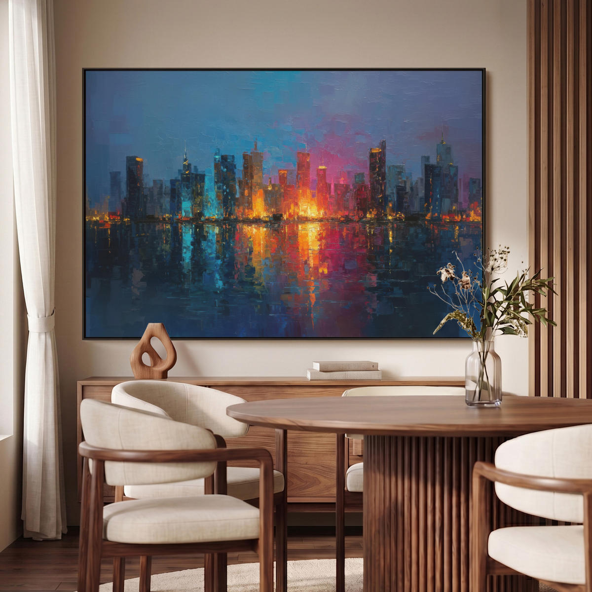 LEINWAND Bilder mit Rahmen - Skyline - Pinselstriche - Dunkelblau - Leuchtend - 120x80 - Blau, Textil (120/80cm) - MuchoWow