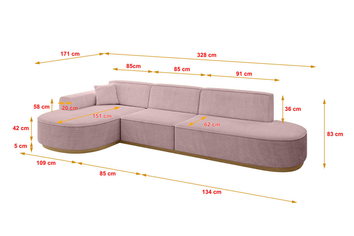 ECKSOFA Ottomane Links MARI-L2-v2 - 328x171x83 cm Rosa Cord - Rosa, Holzwerkstoff/Textil (328/171cm) - ALTDECOR