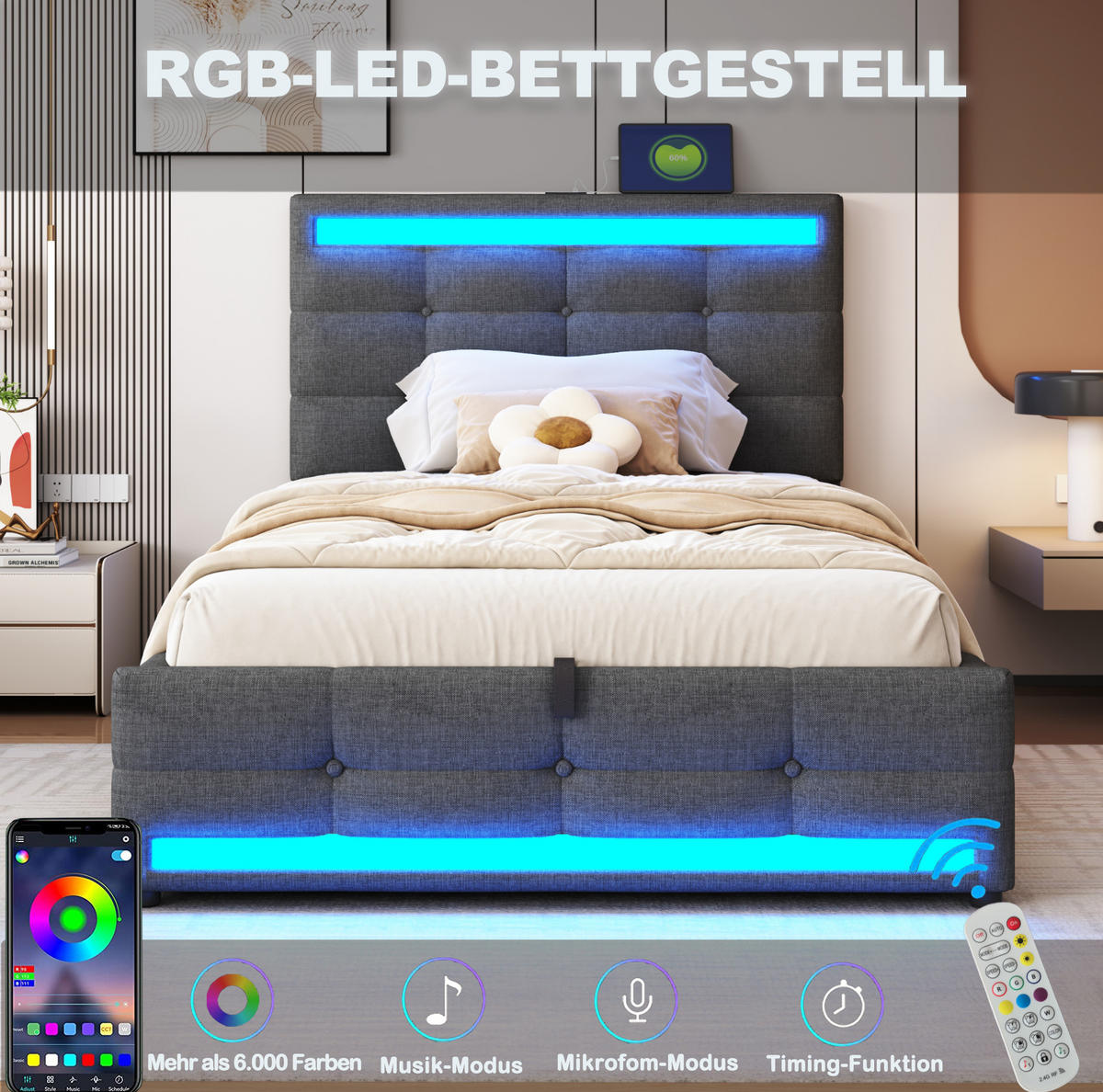 POLSTERBETT 90/200 cm Grau mit LED-Beleuchtung und USB-Anschlüssen - Grau, Textil (90/200cm) - Flora Grace