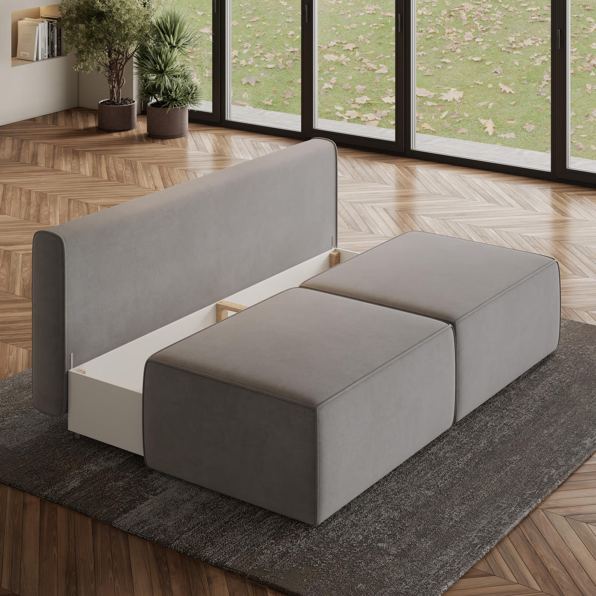ECKSOFA VARNA M Hellgrau Velours-Stoff mit Schlaffunktion - Hellgrau, Holz (196/158cm) - MASSENO