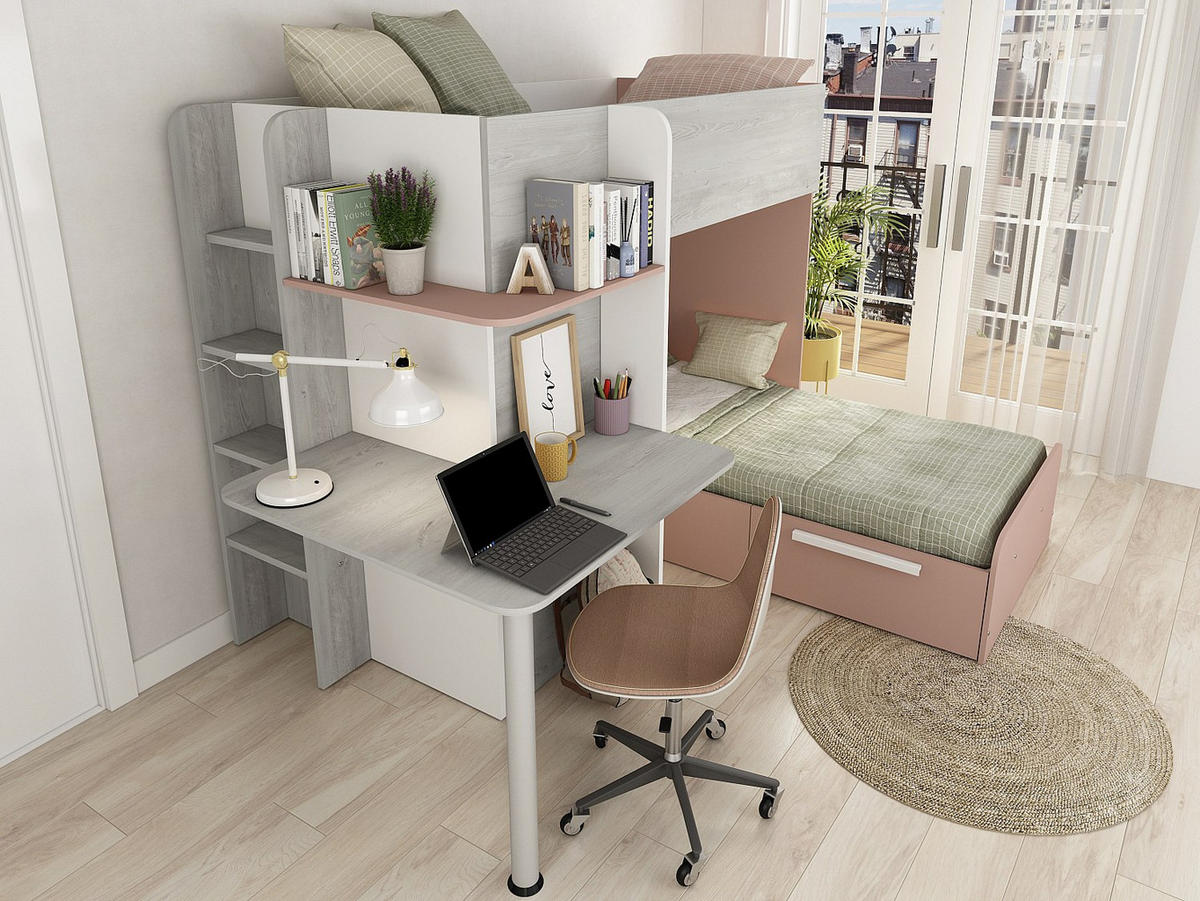 ETAGENBETT - 2 Personen - holz - hellgrau, puderrosa Samuel - Hellrosa/Hellgrau, Holz (90/190cm) - Vente-Unique