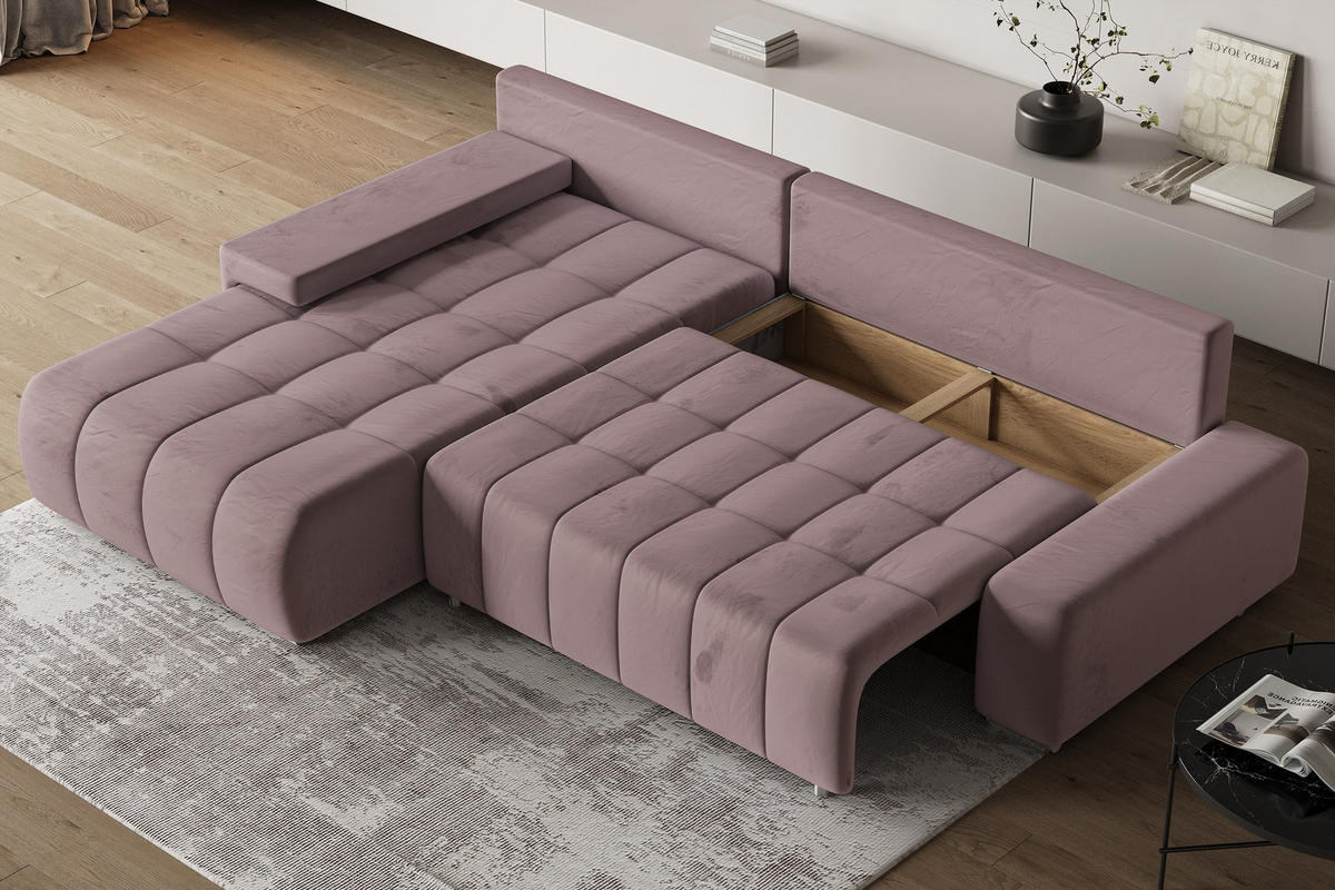 ECKSOFA ALESE L-S Lila Velours-Stoff mit Schlaffunktion - Lila, Holz (265/185cm) - MASSENO