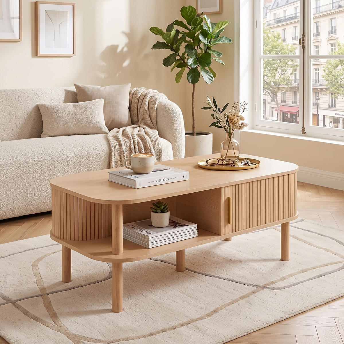 COUCHTISCH Holzoptik mit Rolltor & Ablage 110x55cm Skandi Design - Walnussfarben, Holzwerkstoff (110/55/45cm) - Urban Meuble