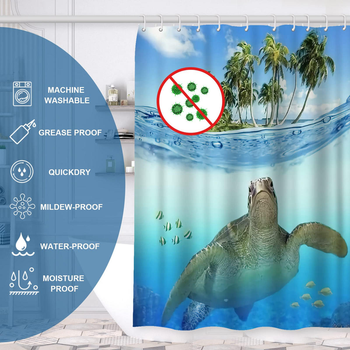 DUSCHVORHANG Schildkröte Muster 100% Polyester für Badewanne und Badezimmer waschbar schimmelresistent antibakteriell - Multicolor, Textil (180/180cm) - MCBOSON