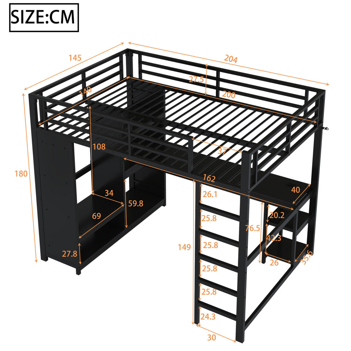 HOCHBETT 140/200 cm aus Metall mit Schreibtisch, LED-Beleuchtung und offenem Kleiderschrank Schwarz - Schwarz, Metall (140/200cm) - Modenvie