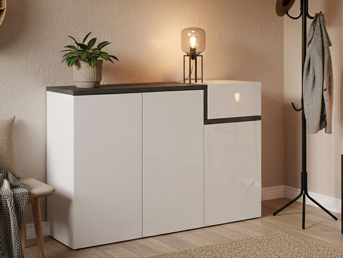 SCHUHSCHRANK Glänzendes Weiß, Schiefer 40/120/80 cm - Schieferfarben/Weiß, Holzwerkstoff (120/80/40cm) - DMORA
