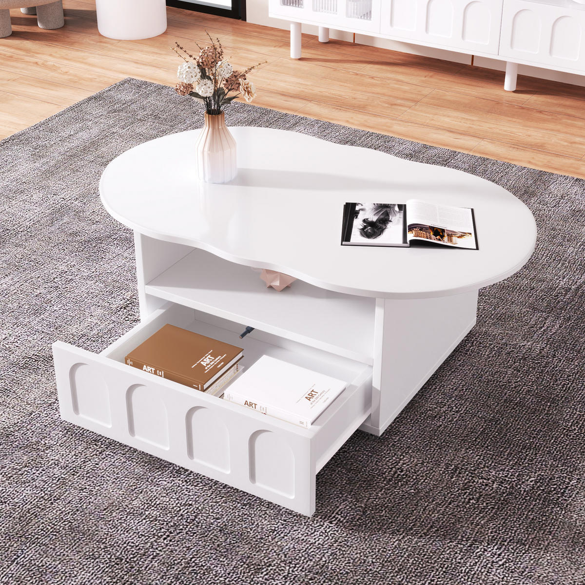 COUCHTISCH, wolkenförmige Tischplatte, Spanplatte, mit Schublade und offenem Fach, 100/60/40,5 cm, Weiß - Weiß, Holzwerkstoff (100/45.5/60cm) - Redom