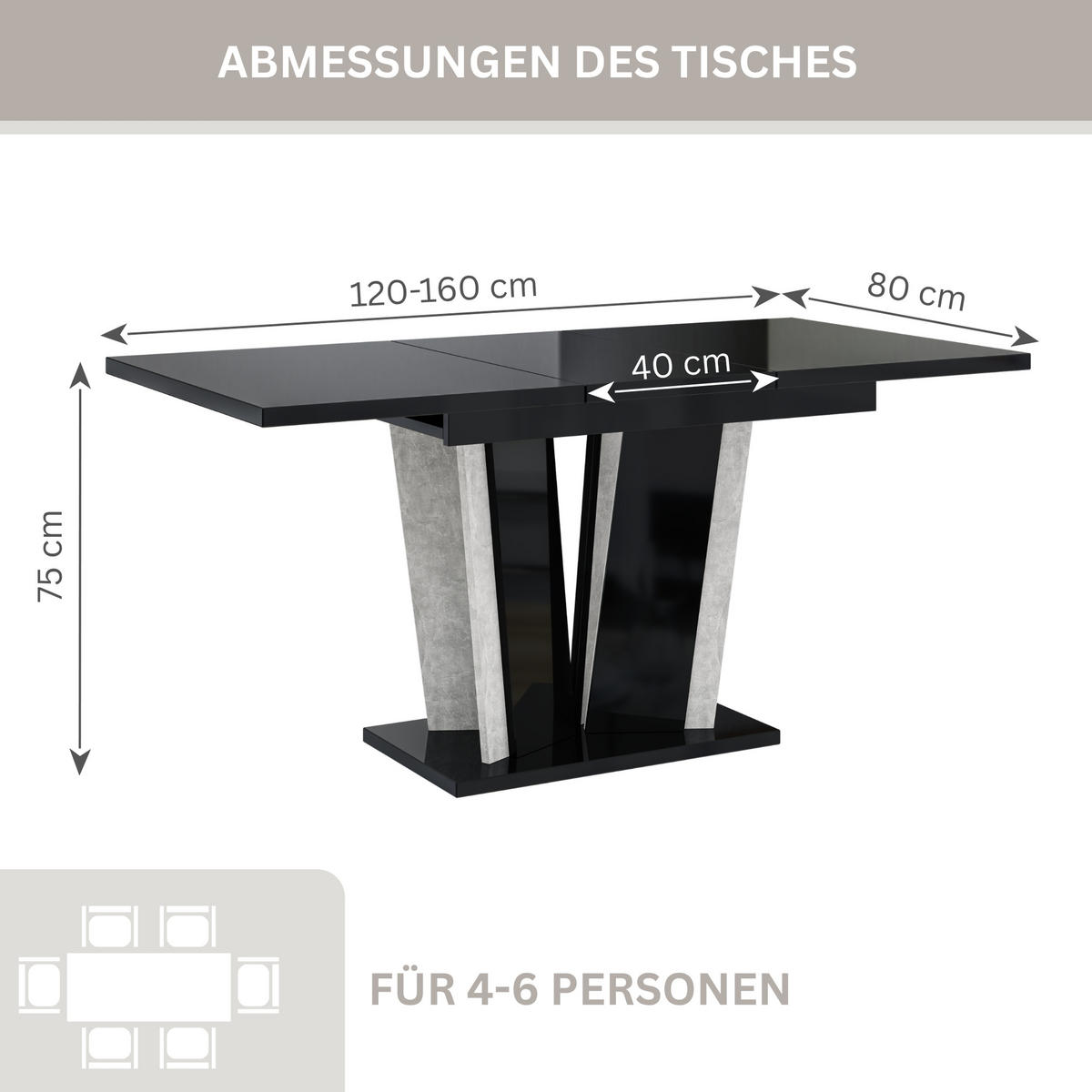 ESSTISCH Ausziehbar 120 - 160 cm Schwarz Hochglanz - Schwarz Hochglanz/Grau, Holzwerkstoff (120/80/75cm) - PROSPERO