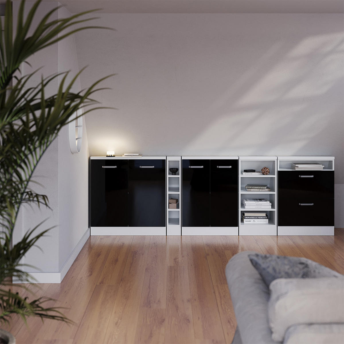 KUCHYŇSKÁ SKŘÍŇKA POD ŠIKMOU STŘECHU R-Line Černý vysoký lesk - bílá/černá, kompozitní dřevo (80/81.6/46cm) - Vicco