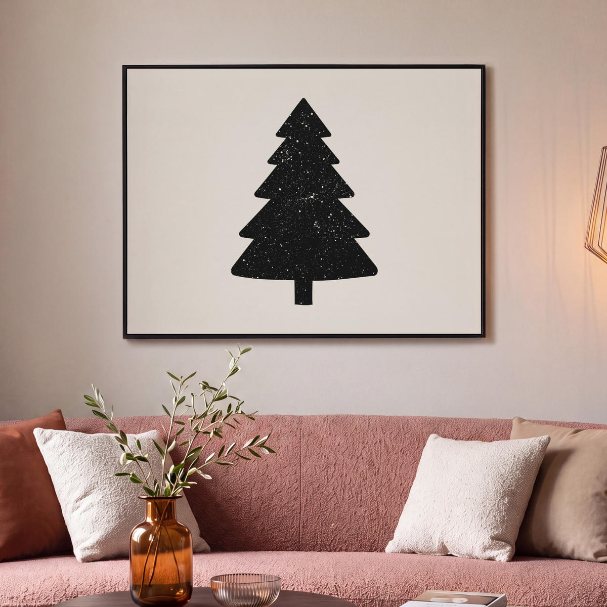 LEINWAND Bilder mit Rahmen - Weihnachtsbaum - Schwarz - Urlaub - Beige - 100x70 - Schwarz, Textil (100/70cm) - MuchoWow