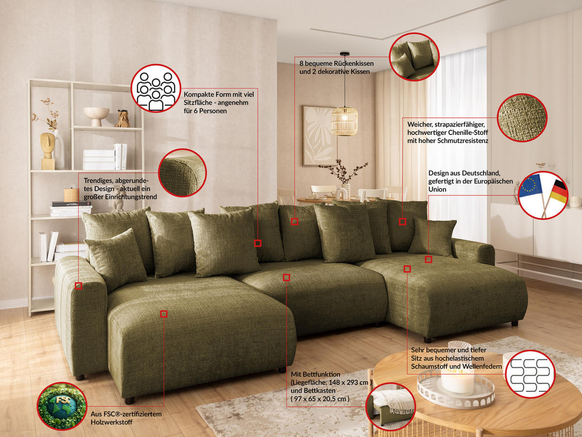 WOHNLANDSCHAFT Calma mit Schlaffunktion und Bettkasten im Bumpy-Design aus weichem Grün Chenille-Stoff - Schwarz/Grün, Holz/Kunststoff (336/88/140cm) - S-Style Möbel