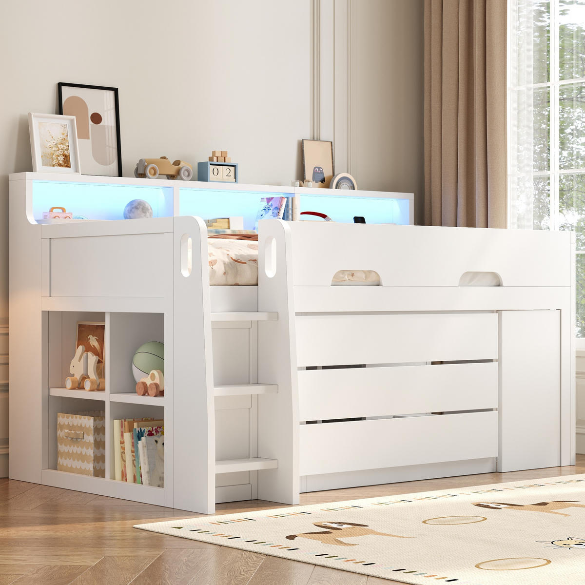 HOCHBETT 90/200 cm in Weiß Kinderbett mit 3 Schubladen, Regal, Schreibtisch, LED und USB - Weiß, Holzwerkstoff (90/200cm) - STILVORA