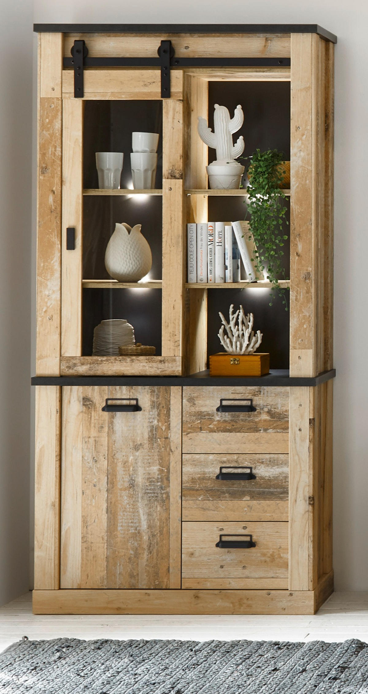 ESSZIMMER-SET Esszimmer Set, Used Wood hell, anthrazit, Wohnkombination 2-teilig mit Vitrine Sideboard - Eichefarben/Anthrazit, Holzwerkstoff/Metall (275/201/43cm) - Furn.Design