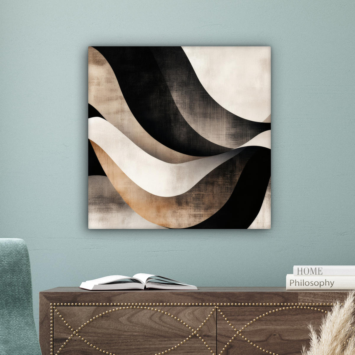 LEINWANDBILD Abstrakt - Wellen - Schwarz - Verwittert Wandbild Wohnzimmer 50x50 cm - Trüffeleichefarben, Textil (50/50cm) - MuchoWow