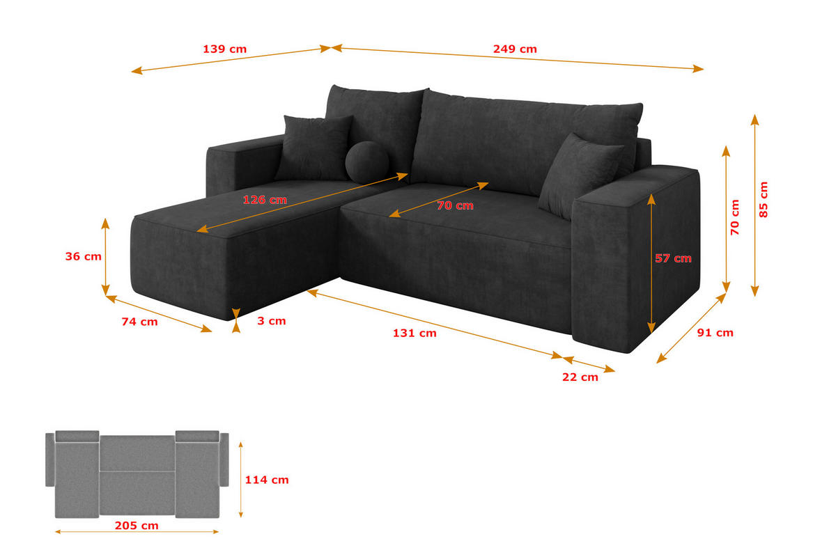 ROHOVÁ SEDAČKA s funkcí spaní, otoman vlevo SENO-L 249x139x85 tmavě šedá velur - černá/antracitová, kompozitní dřevo/textil (249/139cm) - ALTDECOR
