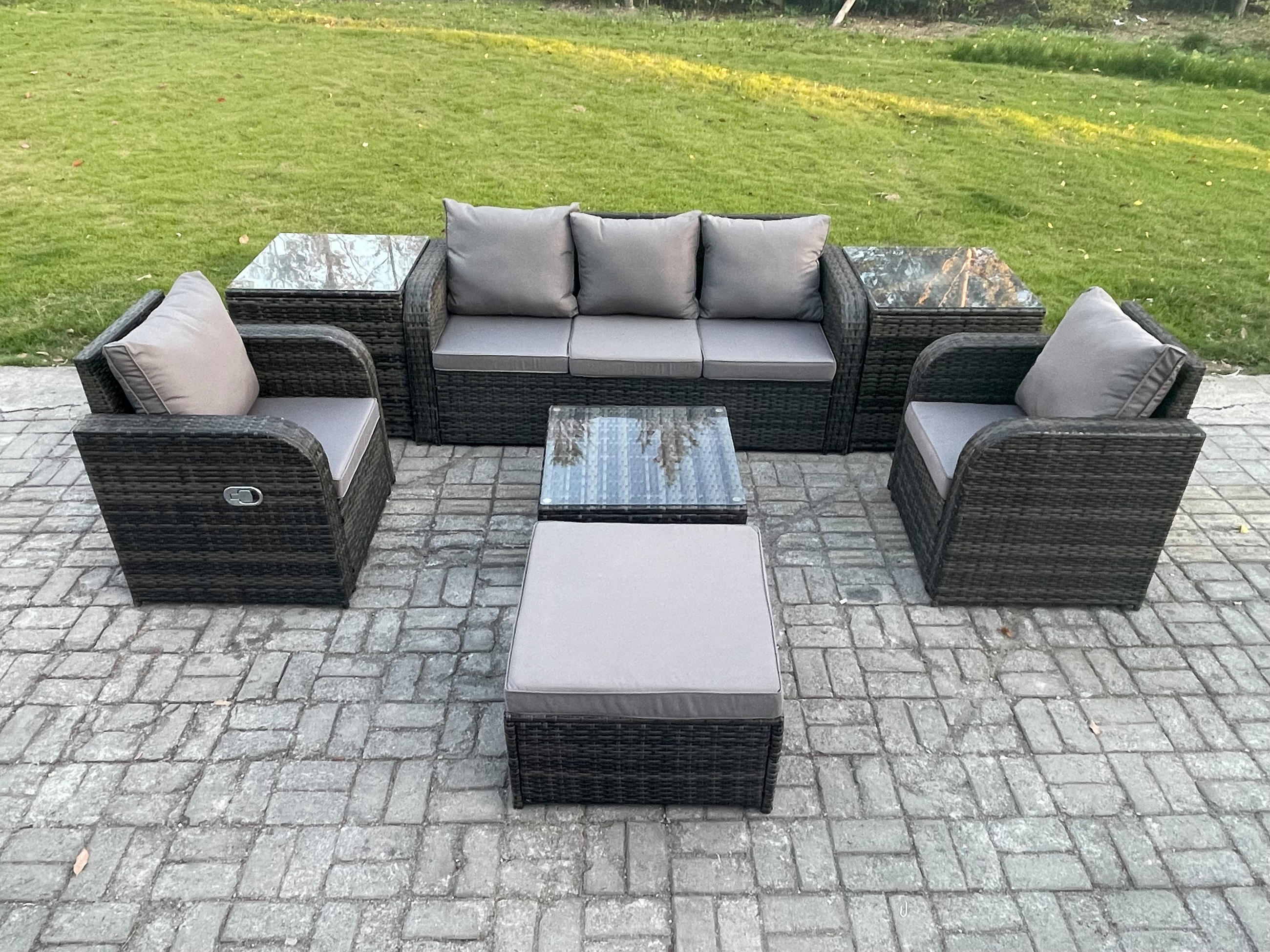 GARTENMÖBELGARNITUR mit KISSEN Polyrattan Dunkelgrau 6-Sitzer - Dunkelgrau/Grau, Glas/Kunststoff - Fimous