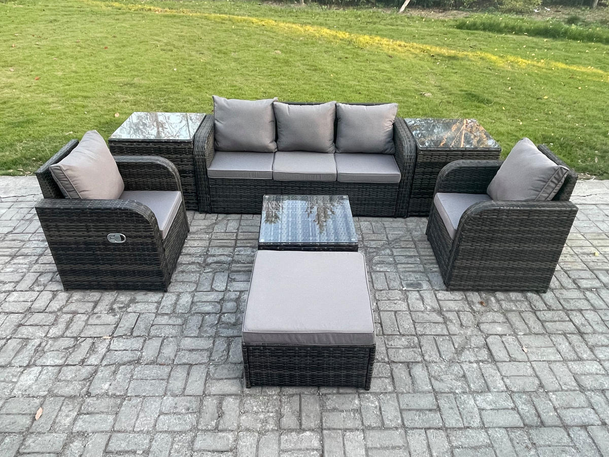 GARTENMÖBELGARNITUR mit KISSEN Polyrattan Dunkelgrau 6-Sitzer - Dunkelgrau/Grau, Glas/Kunststoff - Fimous