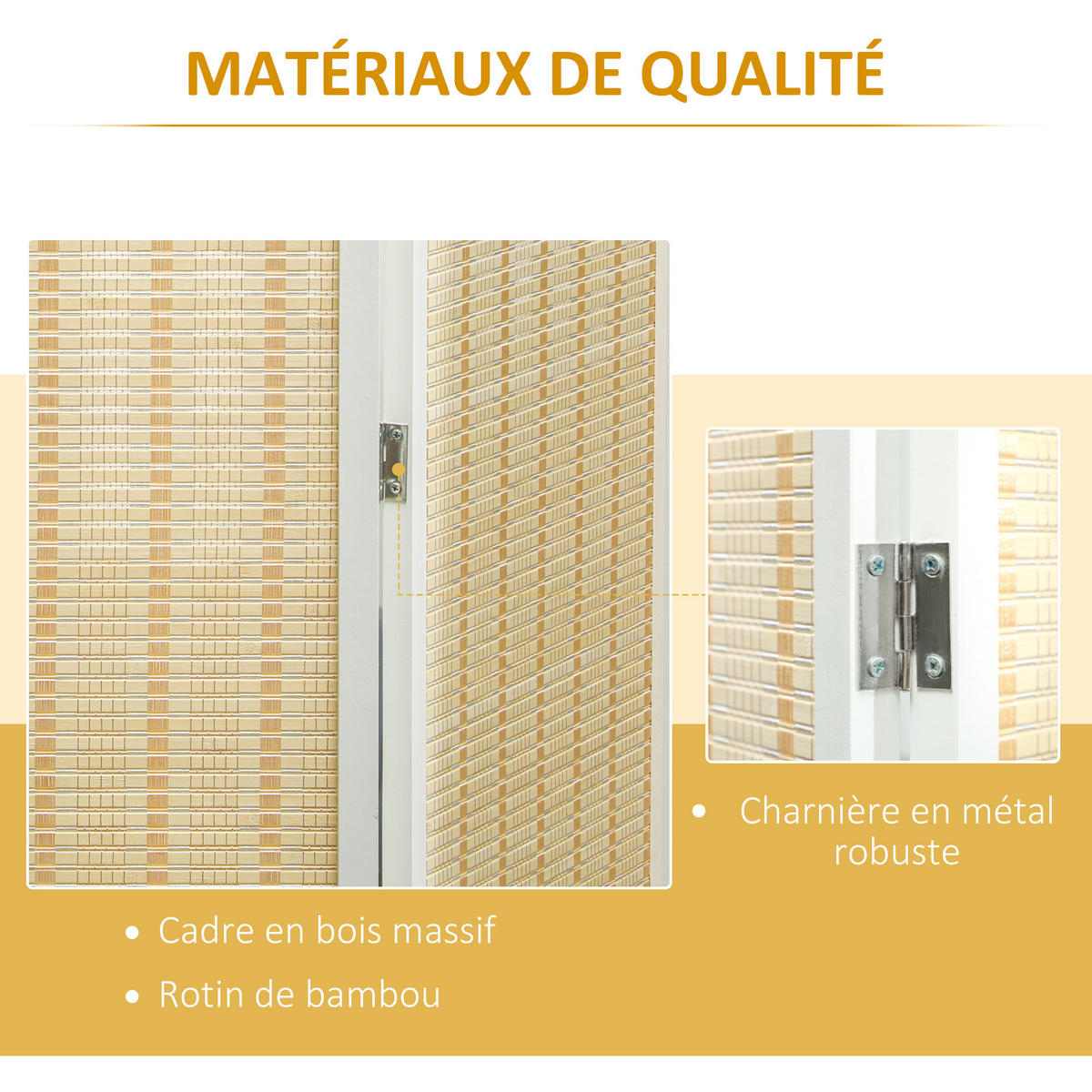 PARAVENT DE-14278 4-teilig, 180x180 cm, Faltbar Naturholz - Weiß, Naturmaterialen (180/180/1.7cm) - ComfortXL
