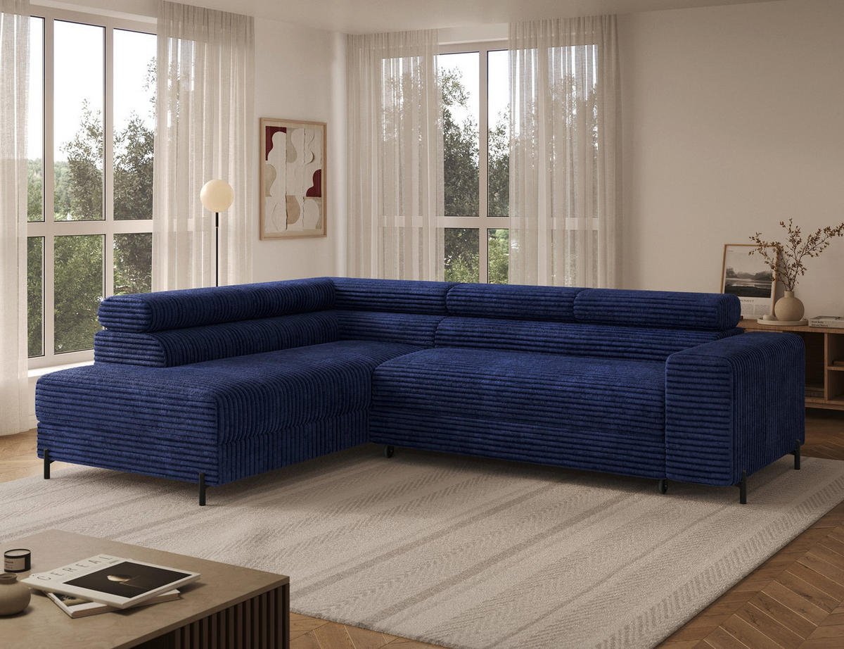 ECKSOFA COLESIO L-Form, Schlaffunktion, Bettkasten, verstellbare Kopfstützen, Wellenfederung, Metallfüße, breiter Cordstoff - Schwarz/Dunkelblau, Kunststoff/Metall (269/204cm) - Wohnideebilder