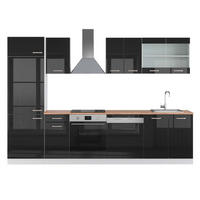 KÜCHENZEILE R-Line Schwarz Hochglanz/Weiß 300 cm, AP Eiche - Schwarz Hochglanz/Weiß, Holzwerkstoff (300/81.6/60cm) - Vicco