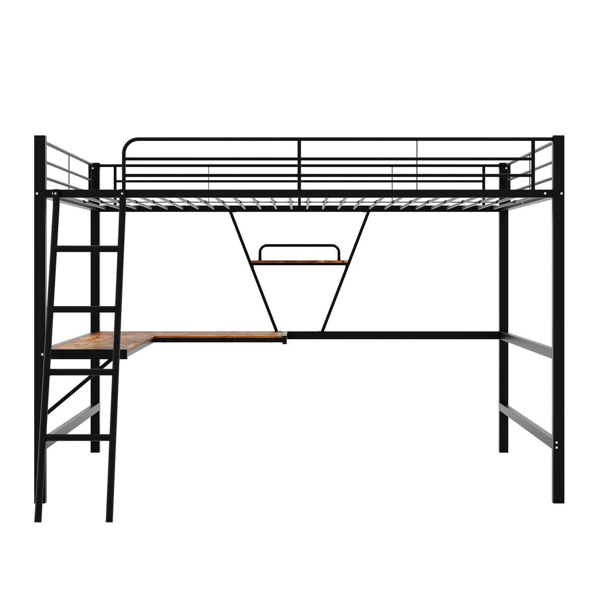 HOCHBETT aus Metall 90x200 cm Schwarz mit L-förmigem Schreibtisch und Regal, platzsparend - Schwarz, Metall (135/190cm) - Modfu